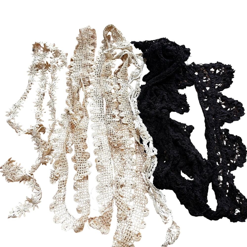 Vintage hand crochet lace remnants including beige & black 1+ yard each as found